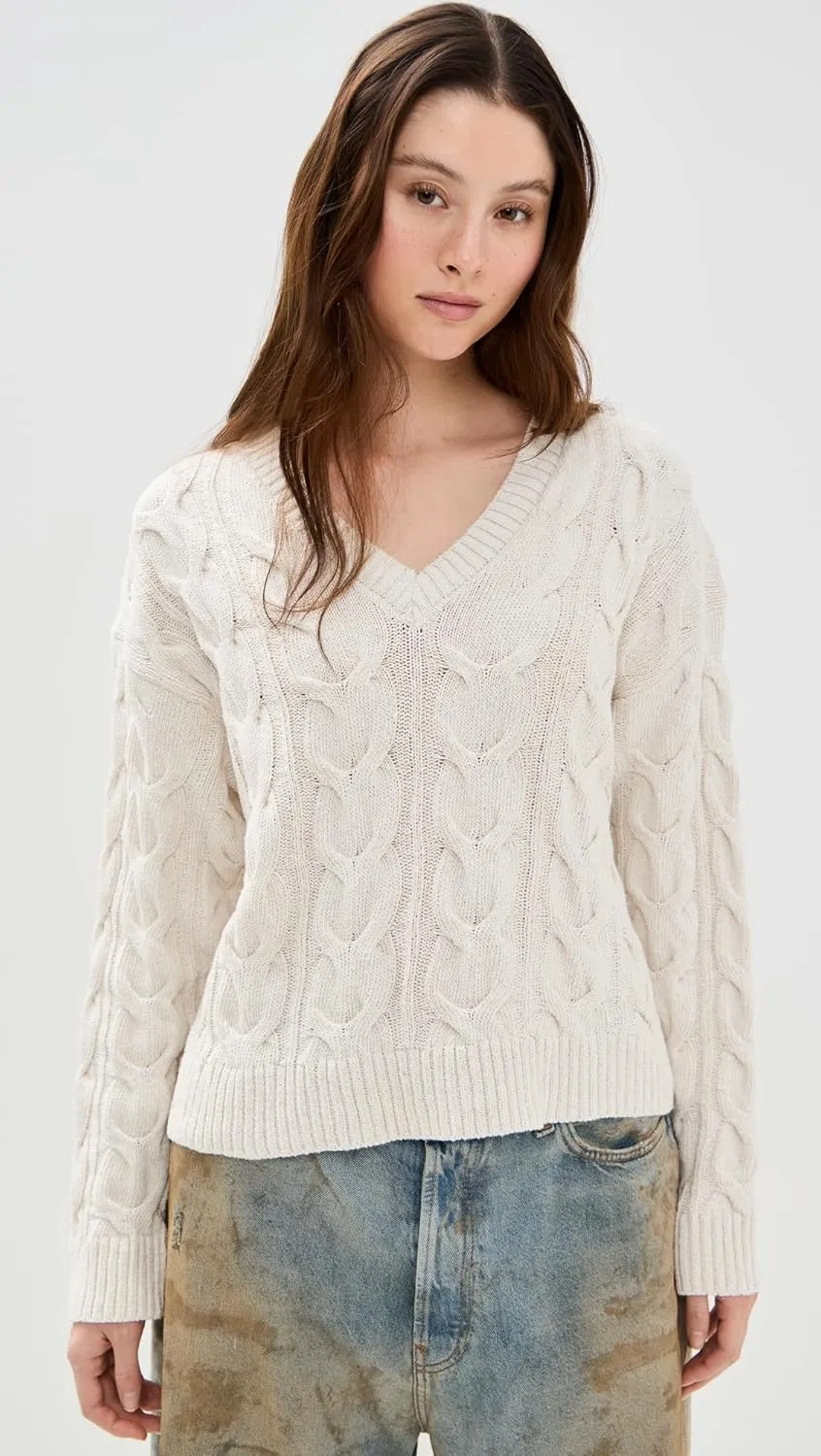 Free People Women's Washed Cable V Neck