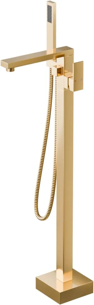 Freestanding Tub Filler Free Standing Bathtub Faucet For Luxury Bathroom,High Flow Floor Mount Tub Faucet,Swivel Spout Brass Construction Stand Alone Tub Faucet with Handheld Shower,Brushed Gold