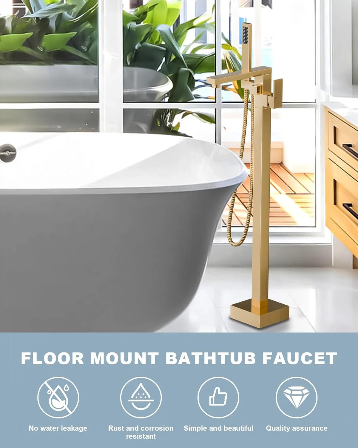 Freestanding Tub Filler Free Standing Bathtub Faucet For Luxury Bathroom,High Flow Floor Mount Tub Faucet,Swivel Spout Brass Construction Stand Alone Tub Faucet with Handheld Shower,Brushed Gold