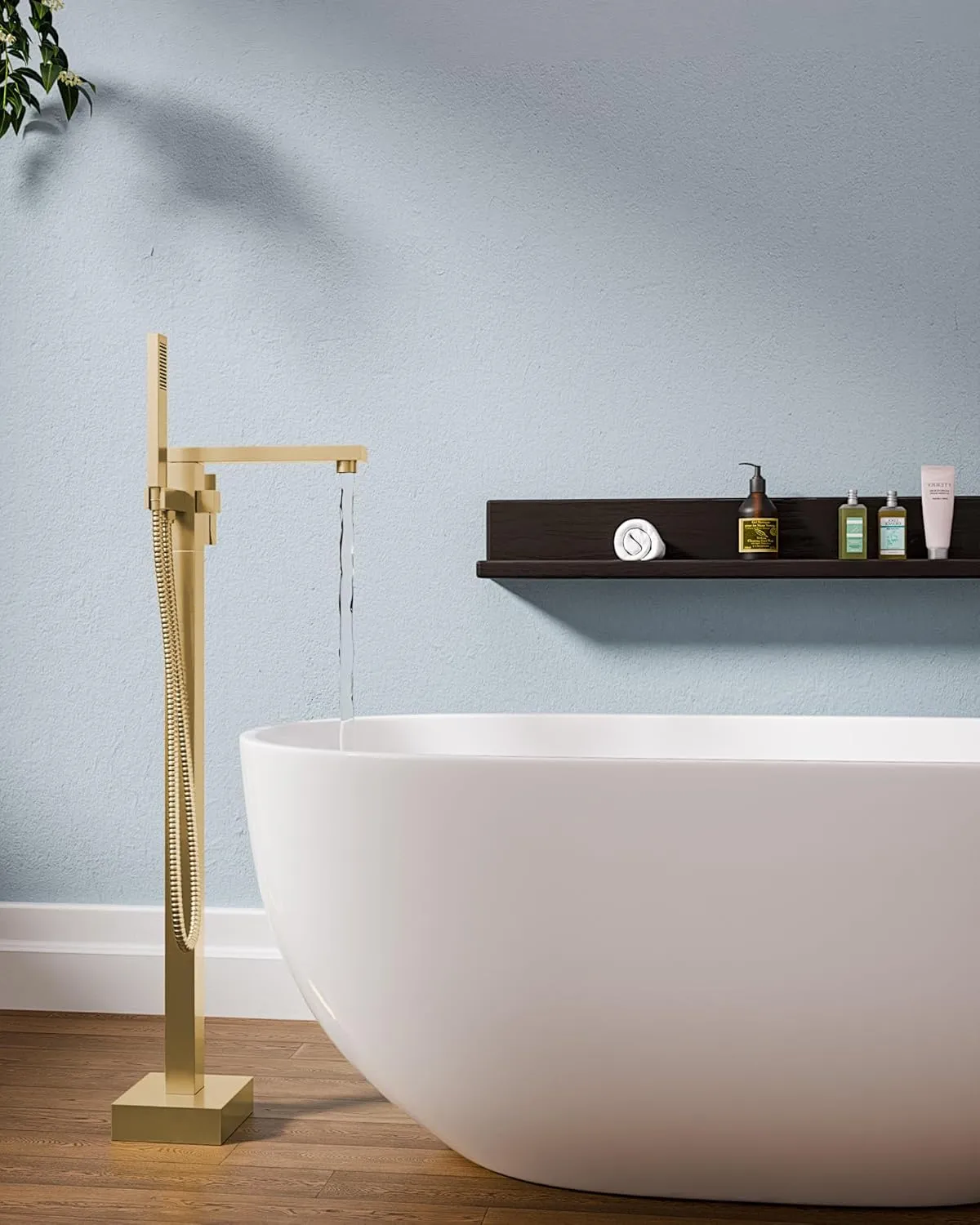 Freestanding Tub Filler Free Standing Bathtub Faucet For Luxury Bathroom,High Flow Floor Mount Tub Faucet,Swivel Spout Brass Construction Stand Alone Tub Faucet with Handheld Shower,Brushed Gold