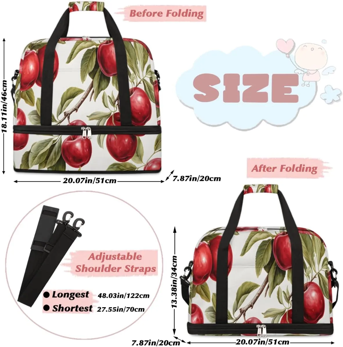 Fruit Apples Foldable Travel Duffel Bag Overnight Weekender Bag with Shoes Compartment Sports Gym Bag for Men Women