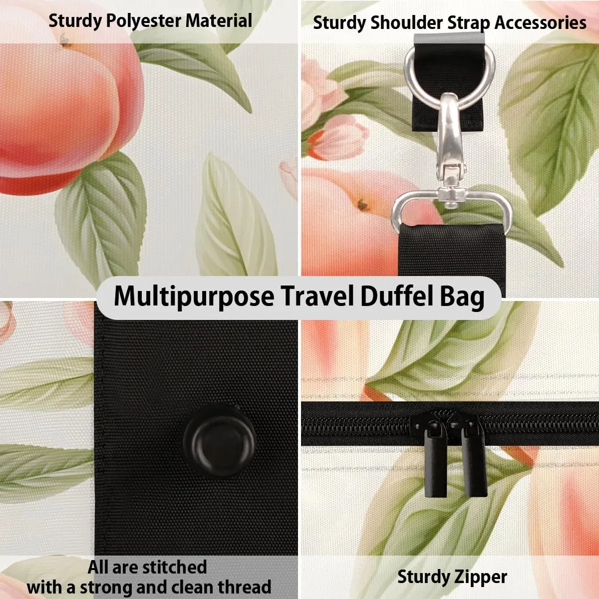 Fruit Peach Print Travel Duffel Bag for Women Men Waterproof Foldable Overnight Weekender Bag Large Capacity Sports Gym Bag