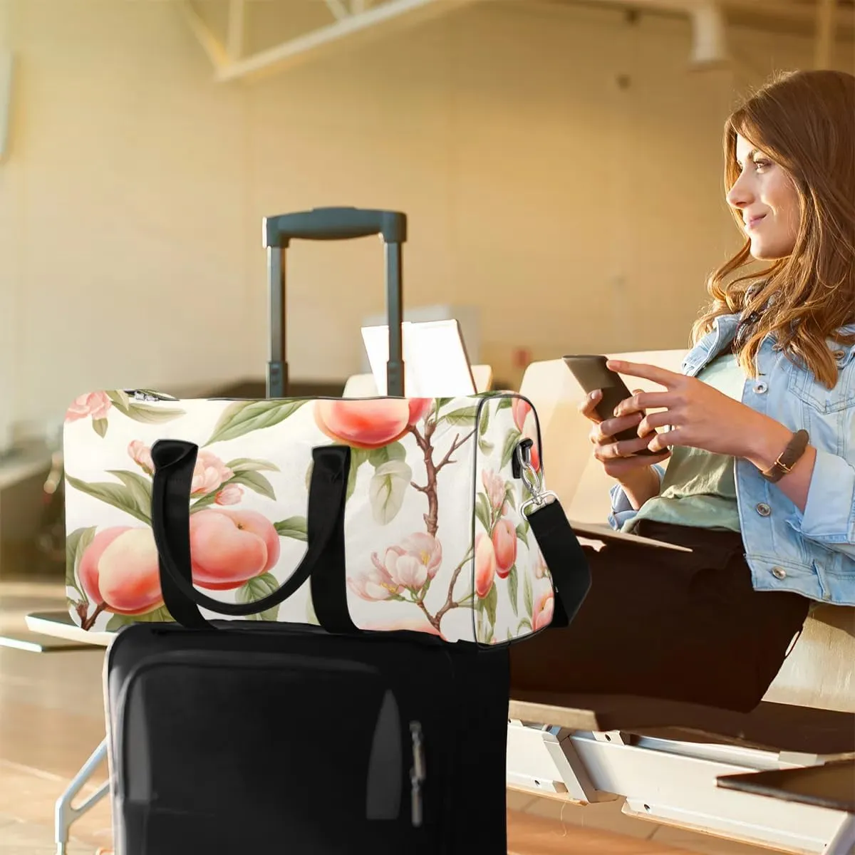 Fruit Peach Print Travel Duffel Bag for Women Men Waterproof Foldable Overnight Weekender Bag Large Capacity Sports Gym Bag