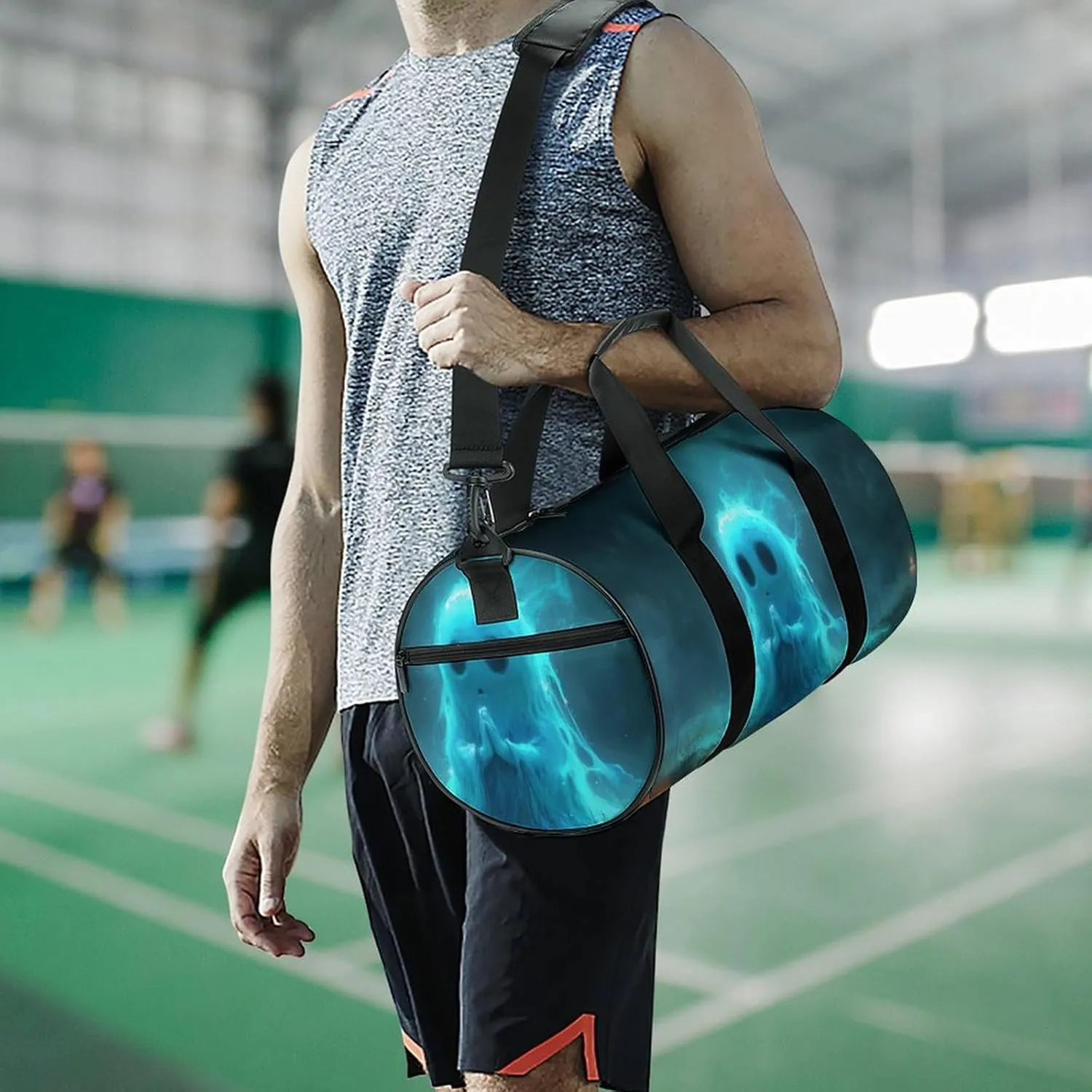 Funny Halloween Ghost Travel Gym Bag for Women Men Ghost Praying to The Sky Gothic Dark Academia Creepy Spooky Cylindrical Duffle Bag Sport Workout Bag with Shoulder Strap