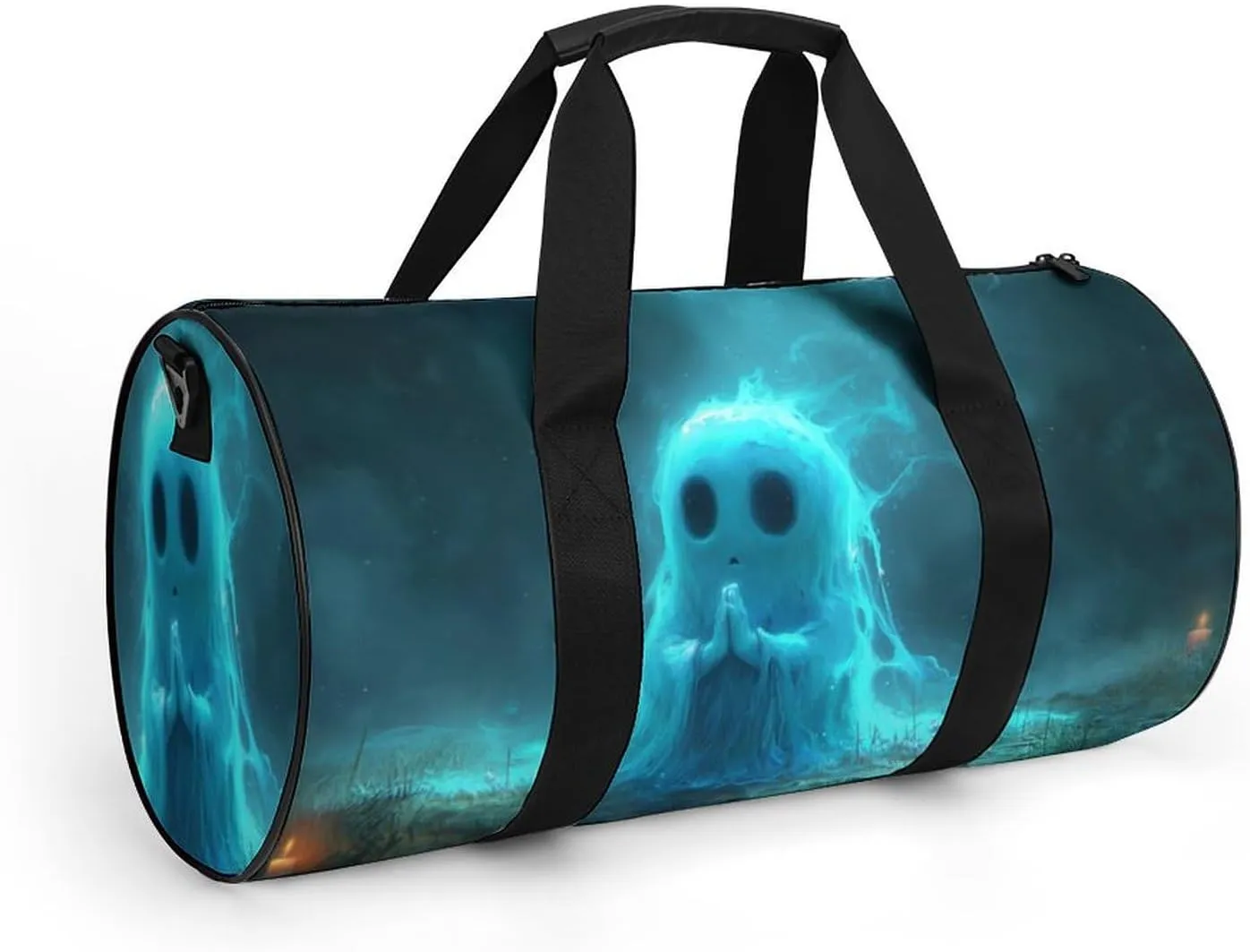 Funny Halloween Ghost Travel Gym Bag for Women Men Ghost Praying to The Sky Gothic Dark Academia Creepy Spooky Cylindrical Duffle Bag Sport Workout Bag with Shoulder Strap