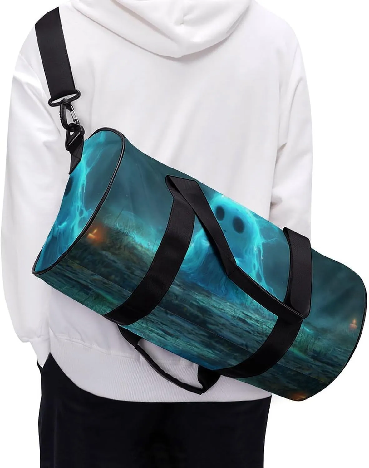 Funny Halloween Ghost Travel Gym Bag for Women Men Ghost Praying to The Sky Gothic Dark Academia Creepy Spooky Cylindrical Duffle Bag Sport Workout Bag with Shoulder Strap