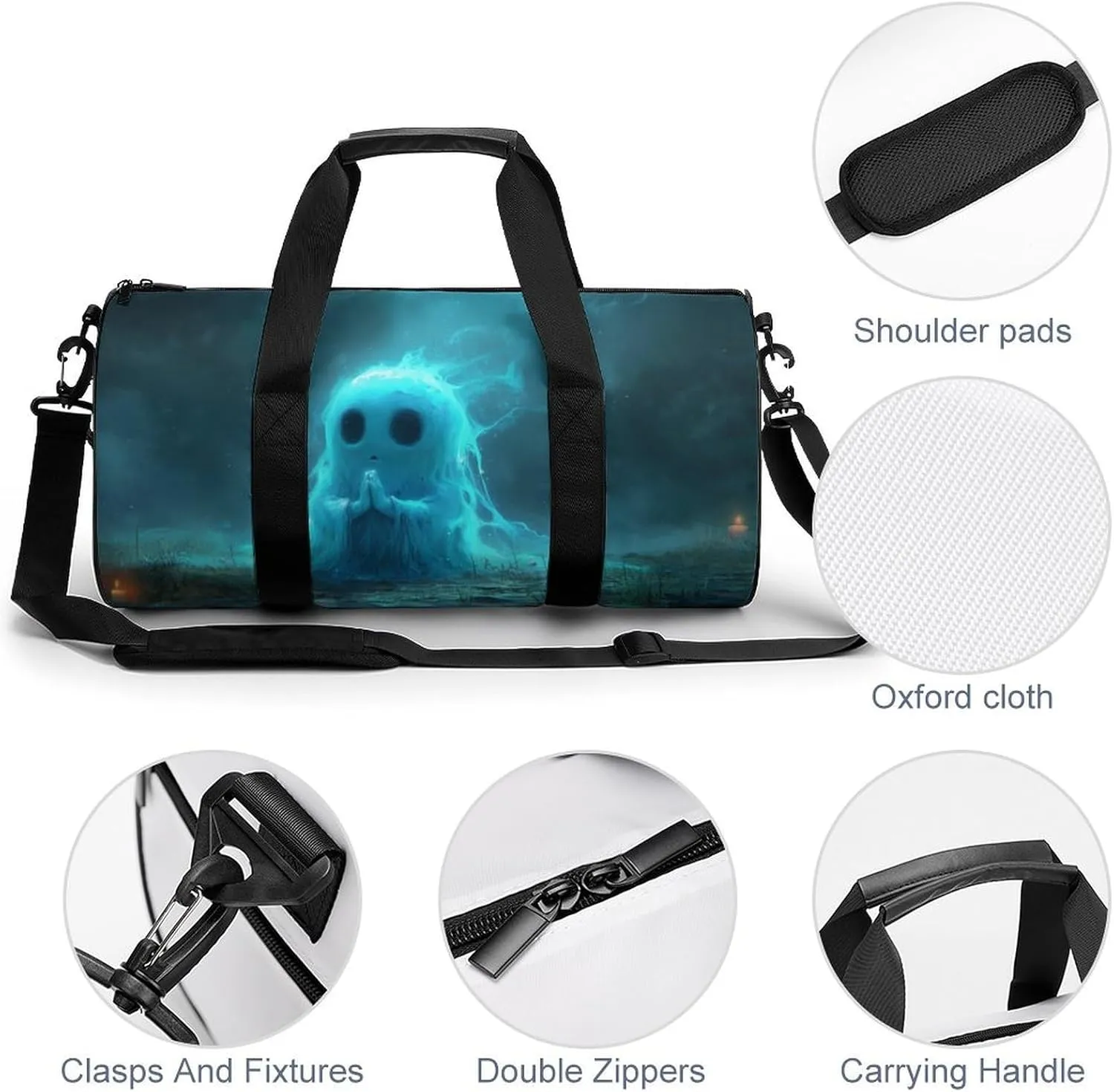 Funny Halloween Ghost Travel Gym Bag for Women Men Ghost Praying to The Sky Gothic Dark Academia Creepy Spooky Cylindrical Duffle Bag Sport Workout Bag with Shoulder Strap