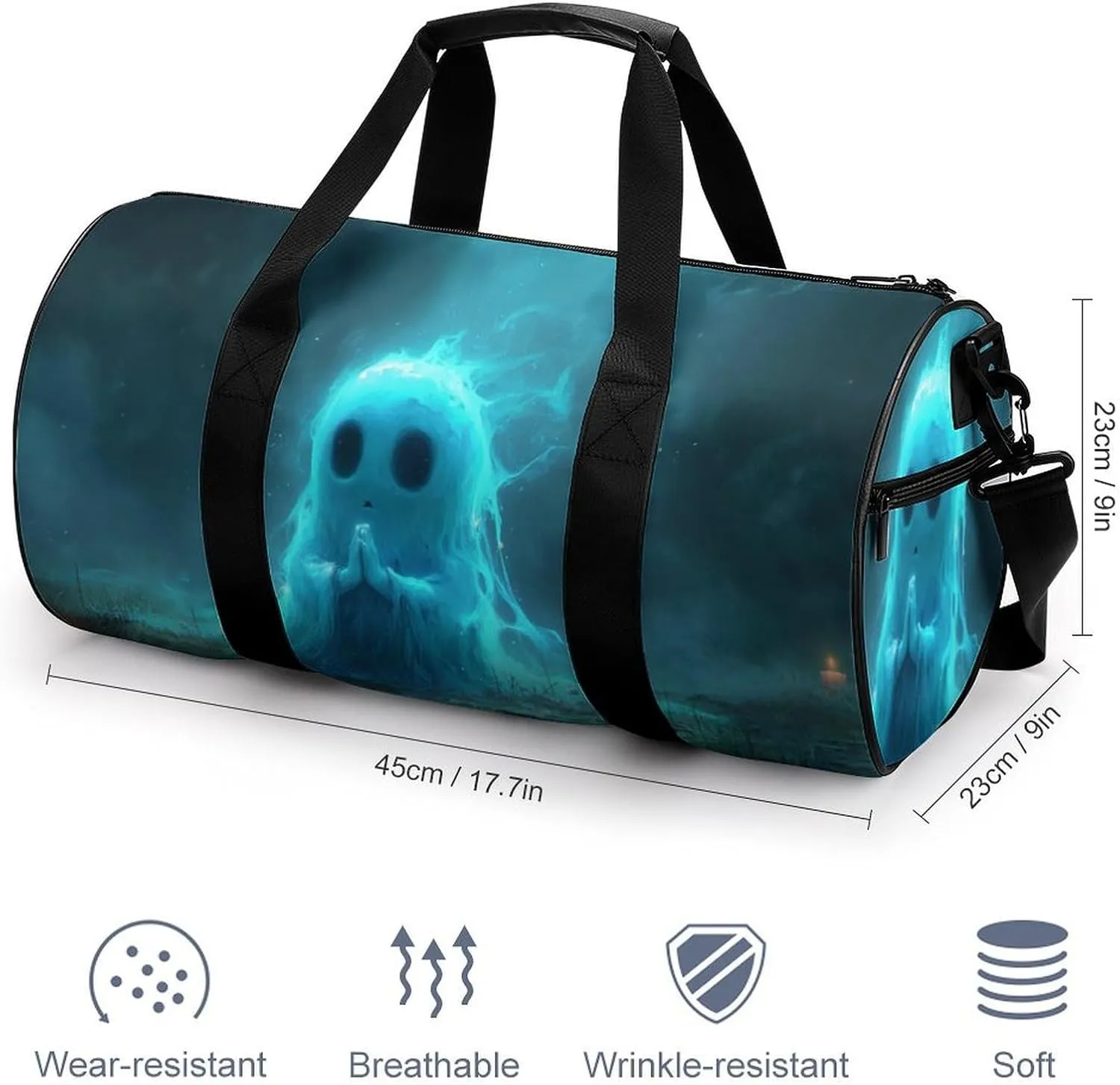 Funny Halloween Ghost Travel Gym Bag for Women Men Ghost Praying to The Sky Gothic Dark Academia Creepy Spooky Cylindrical Duffle Bag Sport Workout Bag with Shoulder Strap