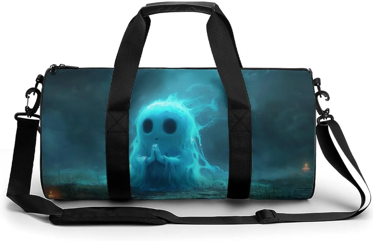 Funny Halloween Ghost Travel Gym Bag for Women Men Ghost Praying to The Sky Gothic Dark Academia Creepy Spooky Cylindrical Duffle Bag Sport Workout Bag with Shoulder Strap