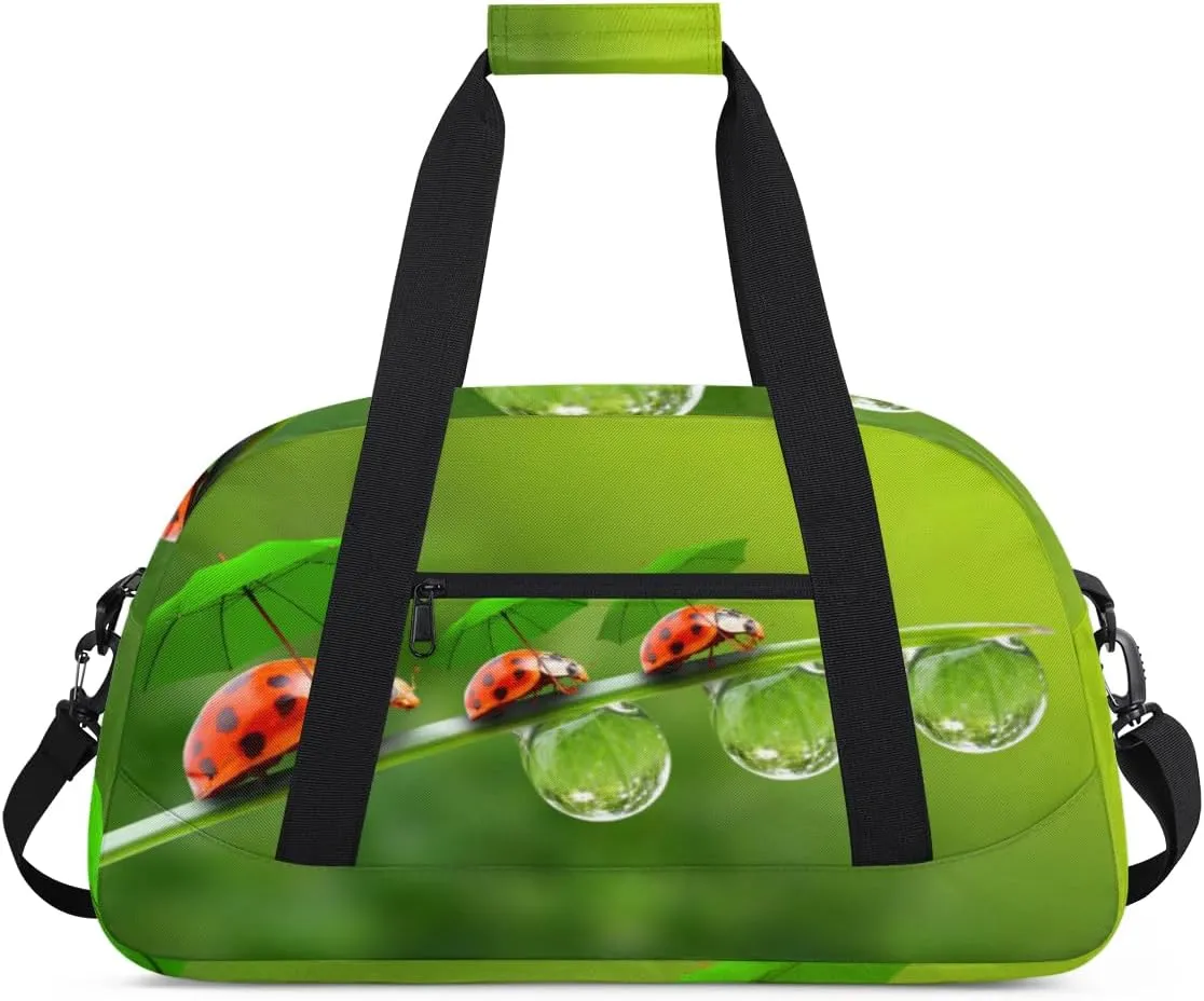 Funny Ladybug Gym Duffel Bag for Men Women Water Drops Sports Tote Bag with Adjustable Shoulder Strap for Dance Gymnastics Traveling Outdoor Camping Overnight Stay