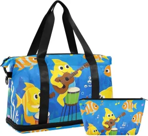 Funny Ocean Music Concert Fish Blue Large Travel Bag Sport Training Bag with Adjustable Strap for Gym 2 Pcs Set