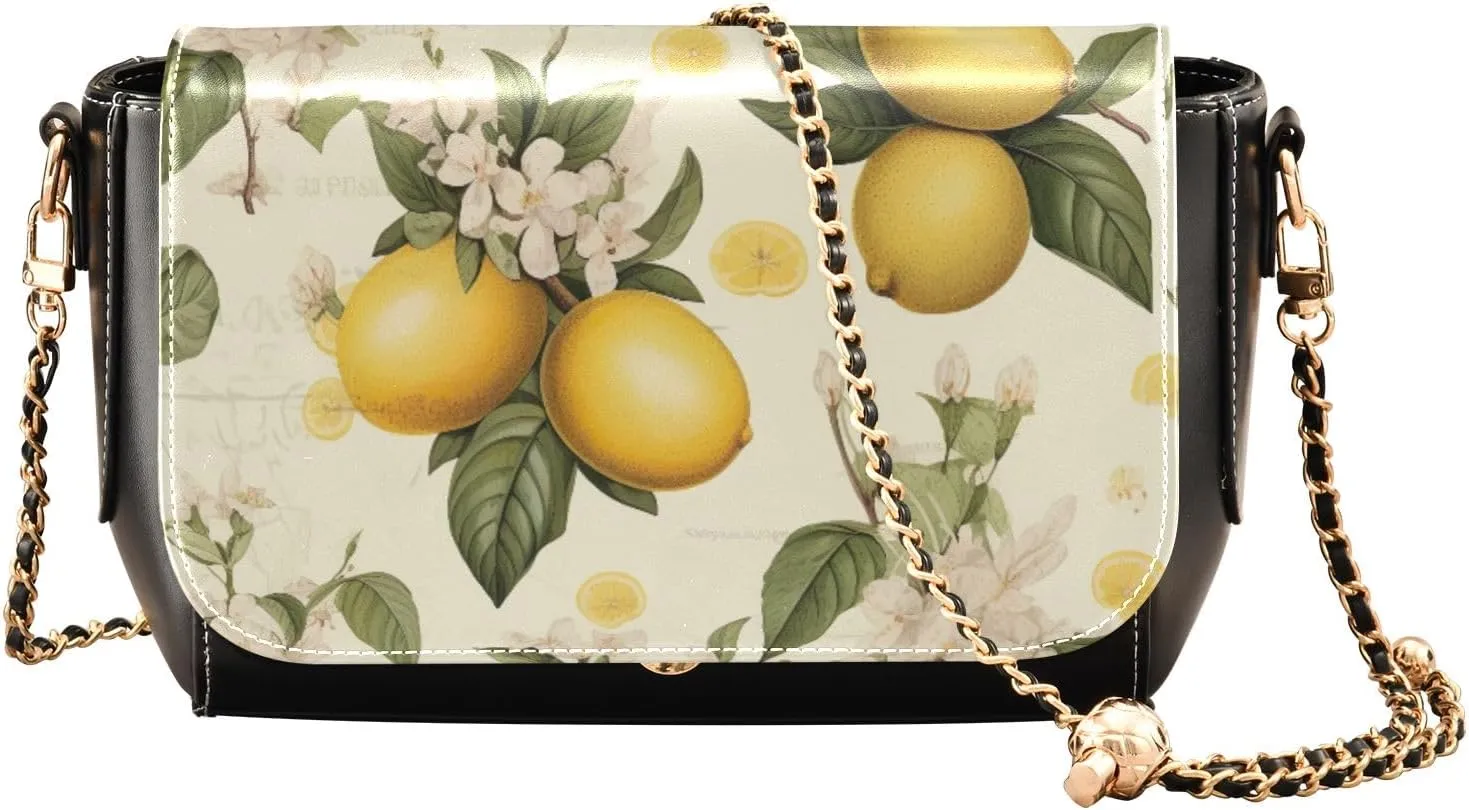 GAIGEO Botanical Beige Lemons Crossbody Purses for Women Leather, Leather Crossbody Bag with Flap, Leather Crossbody Bags