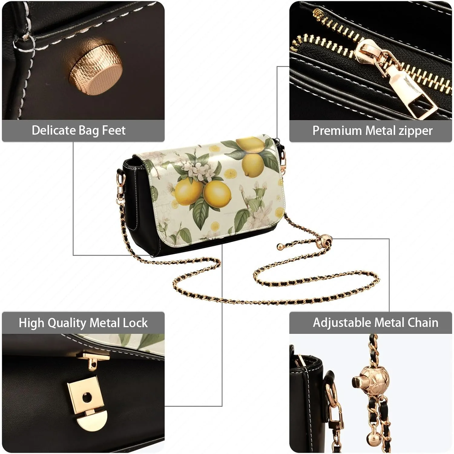 GAIGEO Botanical Beige Lemons Crossbody Purses for Women Leather, Leather Crossbody Bag with Flap, Leather Crossbody Bags
