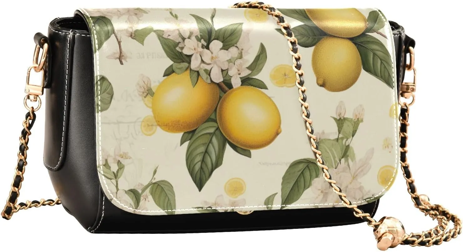 GAIGEO Botanical Beige Lemons Crossbody Purses for Women Leather, Leather Crossbody Bag with Flap, Leather Crossbody Bags