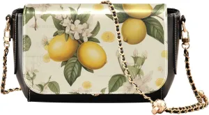 GAIGEO Botanical Beige Lemons Crossbody Purses for Women Leather, Leather Crossbody Bag with Flap, Leather Crossbody Bags
