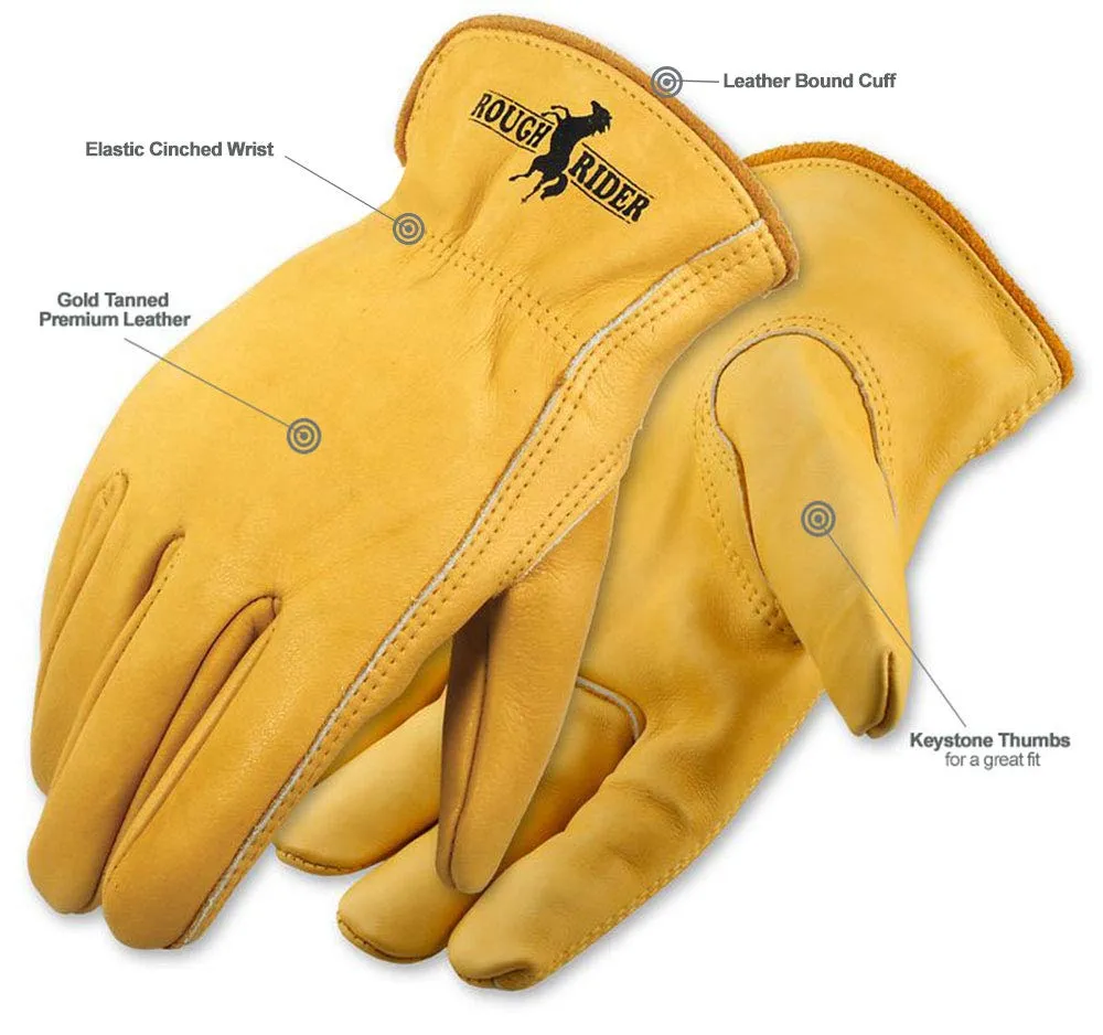 Galeton Rough Rider Premium Leather Driver Gloves With Elastic Back Gold, Medium (25001PR-M)