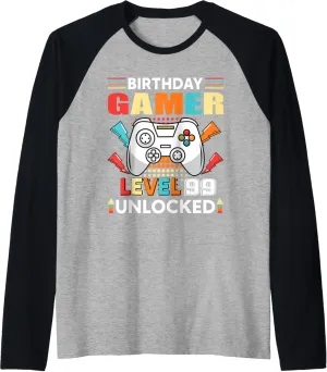 Gamer Level 99 Unlocked 99 Birthday Gamer Gaming 99 Years Raglan Baseball Tee