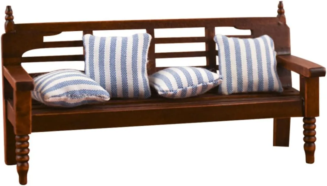 Garneck 12 Scale Miniature Mini Bench and Pillow Model Wood Bench Toy for Boys and Girls Dollhouse Decor Mini Craft Set