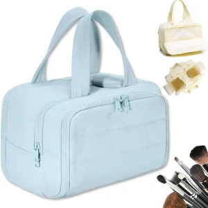GDSAFS Cureaway Travel Cosmetic Bag, Large Capacity Wide-Open Travel Cosmetic Bag, 4-In-1 Puffy flat toiletry Bag for Women with Divider and Handle, Lightweight Waterproof (Blue)