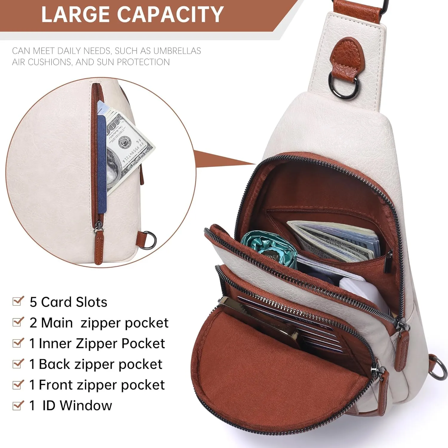 GEEAD Crossbody Sling Bags for Women Vegan Leather Fanny Pack Shoulder Bag Chest Bag Sling Backpack Small Travel Bag