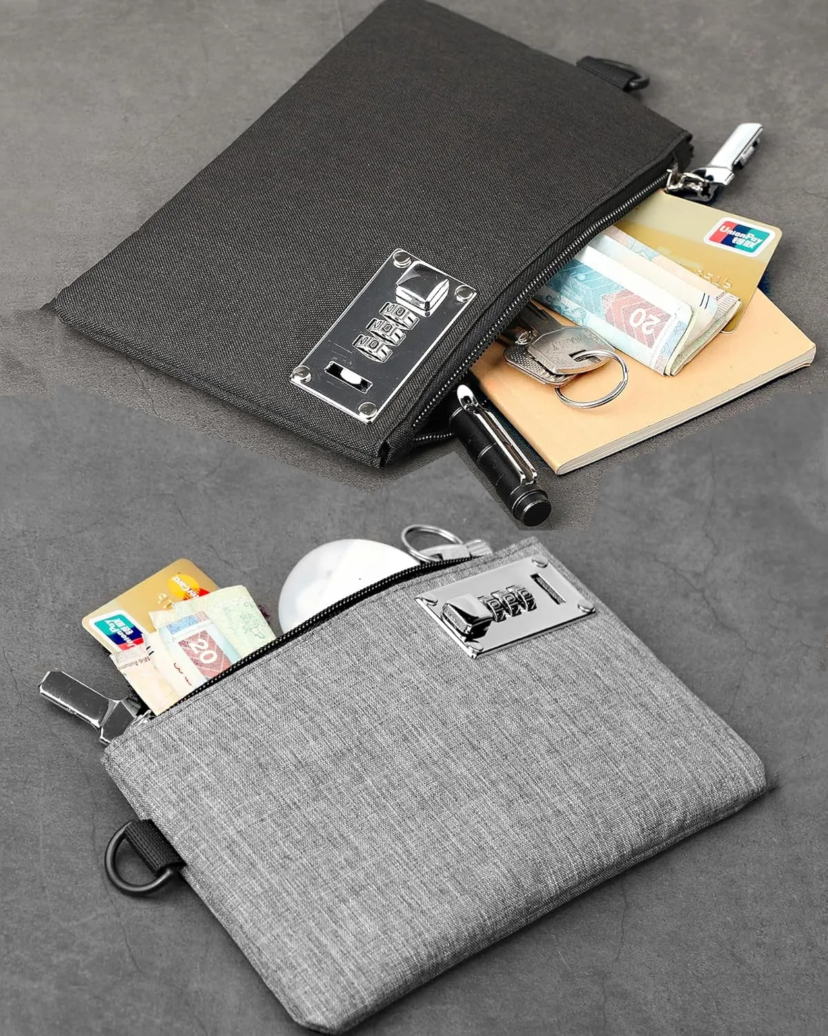 GEEDUD 2 Pcs Lockable Money Bag - 5x8 Inches Durable Nylon Locking Bank Bag Coin Purse for Cash, Jewelry, Passports, Medicine, Credit Cards and Valuable Storage Cash Bag (‎Black Grey)