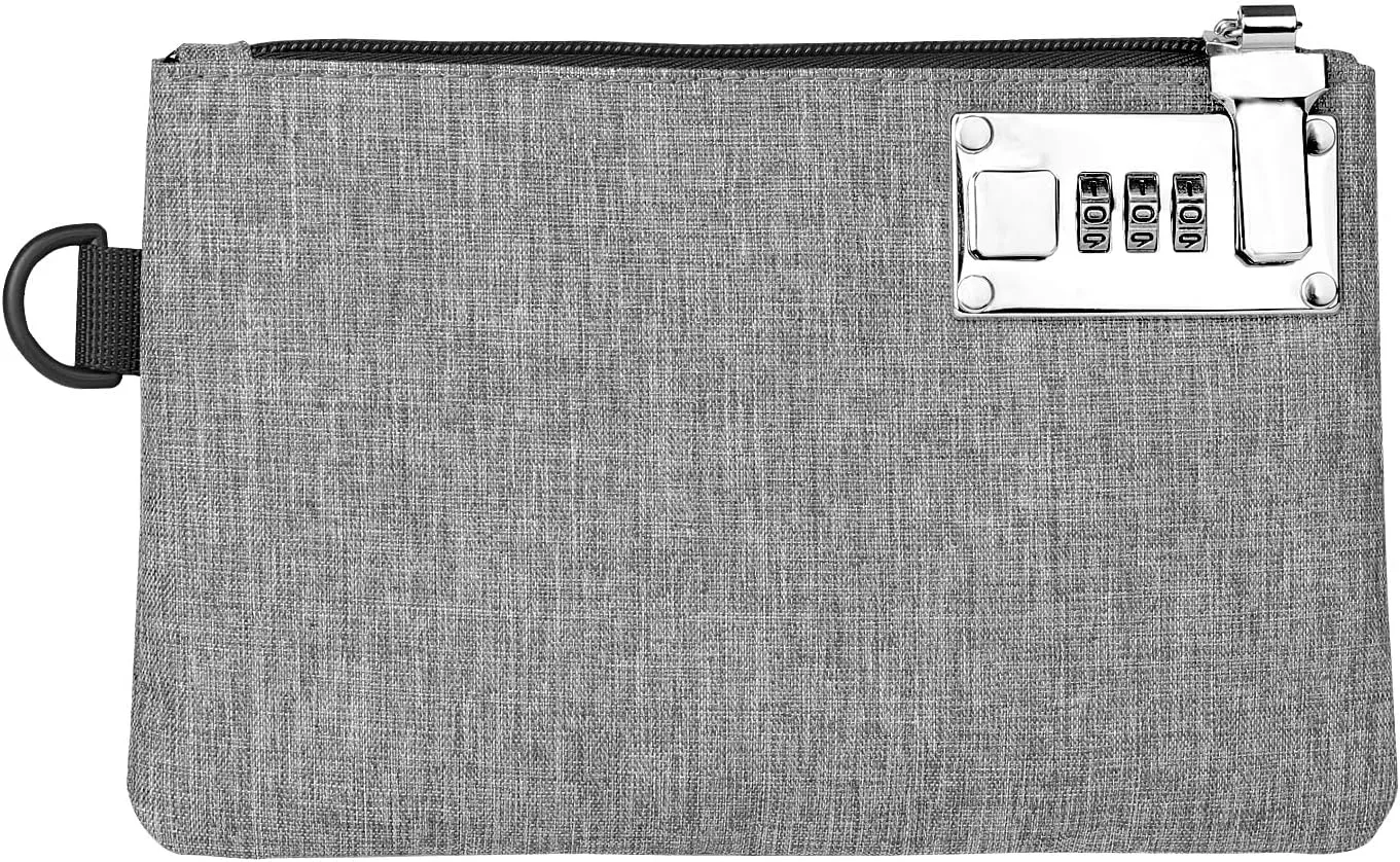 GEEDUD Lockable Money Bag - 5x8 Inches Durable Nylon Locking Bank Bag Coin Purse for Cash, Jewelry, Passports, Medicine, Credit Cards and Valuable Storage Cash Bag (Grey)
