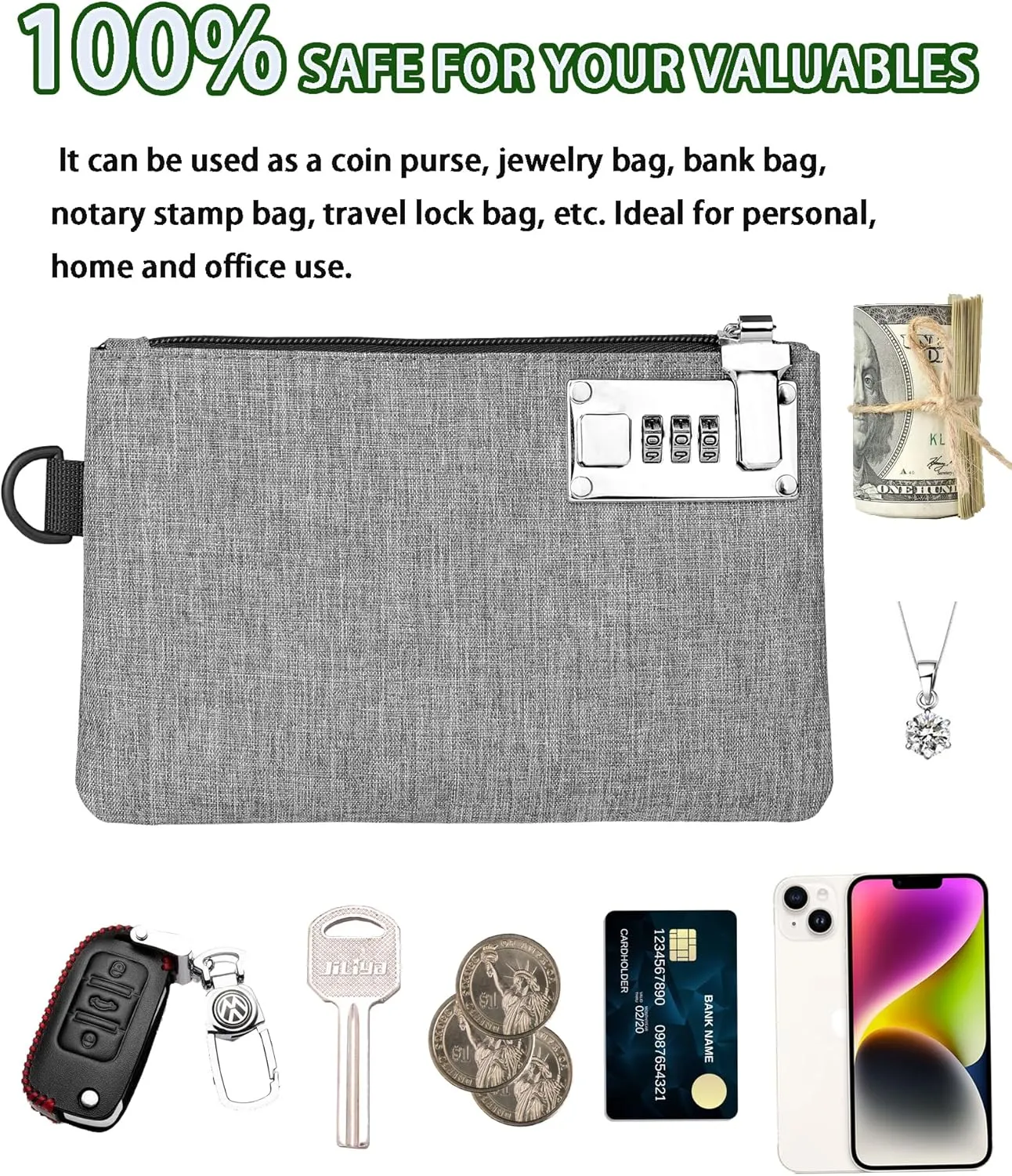 GEEDUD Lockable Money Bag - 5x8 Inches Durable Nylon Locking Bank Bag Coin Purse for Cash, Jewelry, Passports, Medicine, Credit Cards and Valuable Storage Cash Bag (Grey)