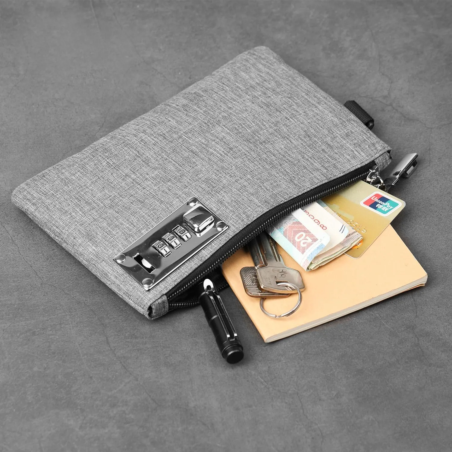 GEEDUD Lockable Money Bag - 5x8 Inches Durable Nylon Locking Bank Bag Coin Purse for Cash, Jewelry, Passports, Medicine, Credit Cards and Valuable Storage Cash Bag (Grey)