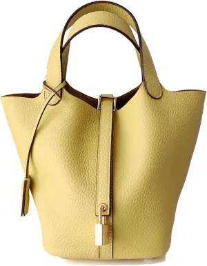 Genuine Leather Handbag Lock Design Bucket Bag Vegetable Basket Fashionable Versatile Shoulder Handbag