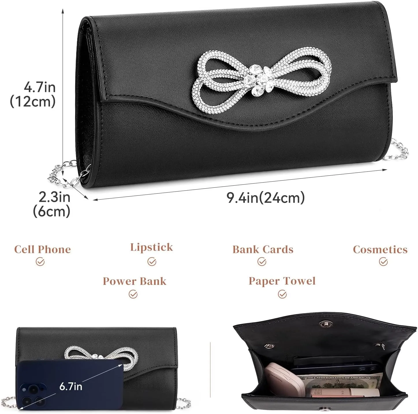 Gets Women Evening Bag Rhinestone Bow Clutch Purse for Women Party Wedding Prom Cocktail Formal Flap Handbags