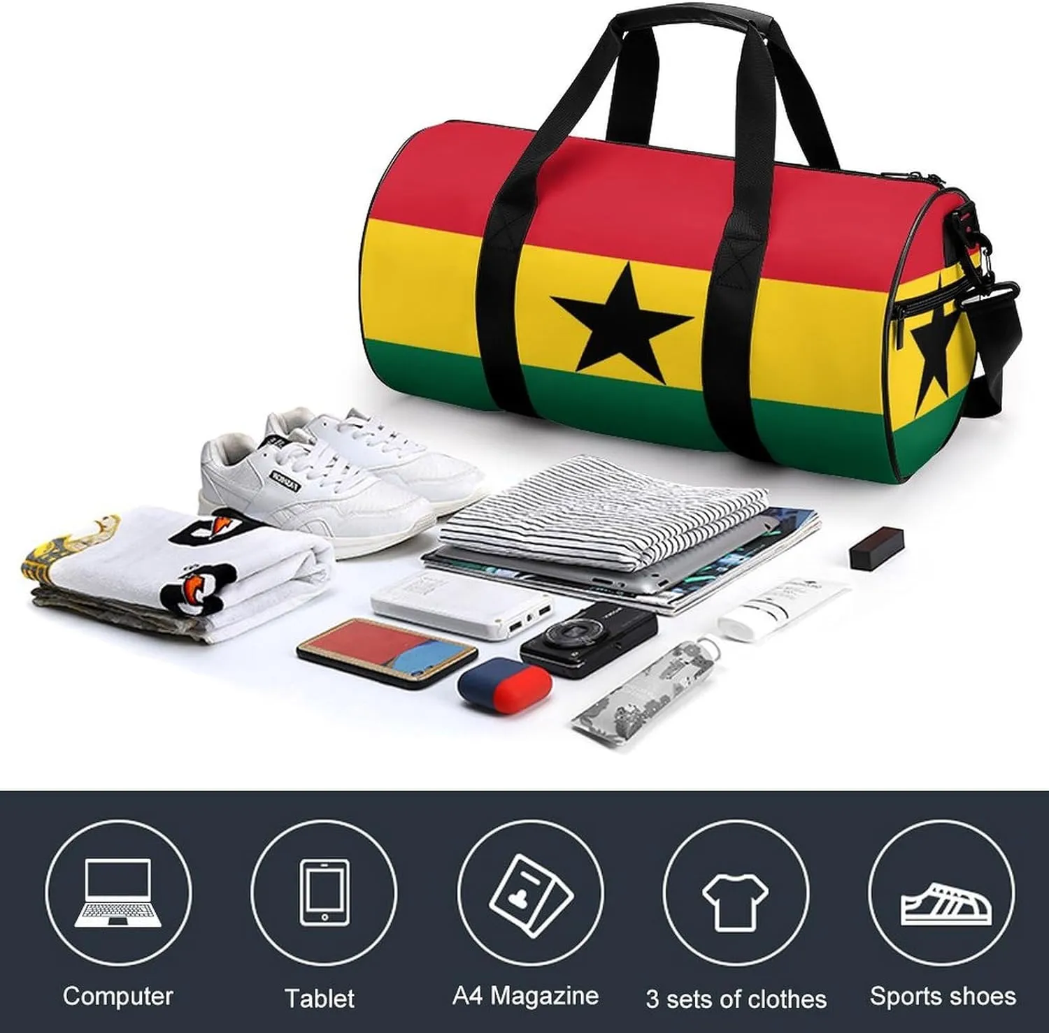 Ghana Flag Waterproof Gym Bag for Women Men with Wet Pocket Sports Duffel for Travel Weekender