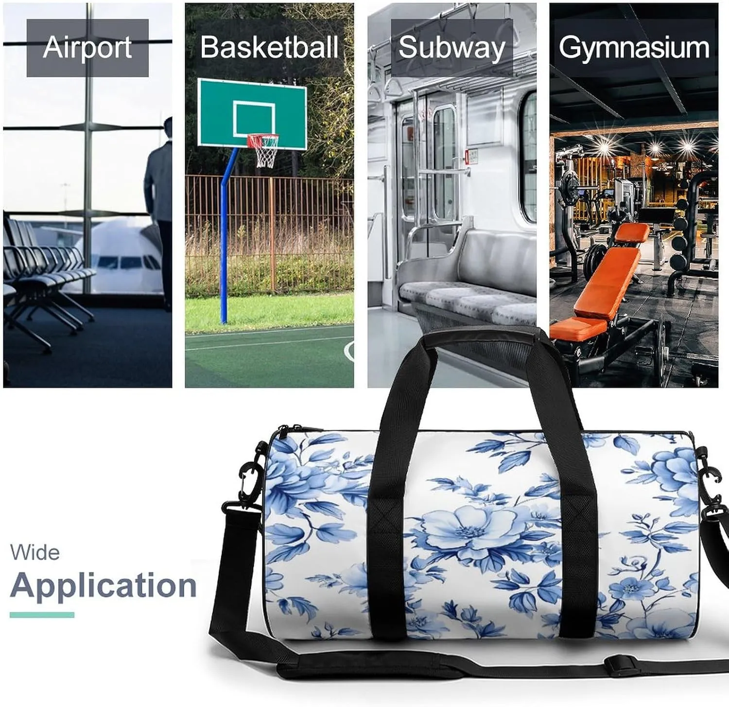 Girly Cute Coquette Blue Toile Chinoiserie Pattern Travel Gym Bag for Women Men Cylindrical Duffle Bag Sport Workout Bag with Shoulder Strap