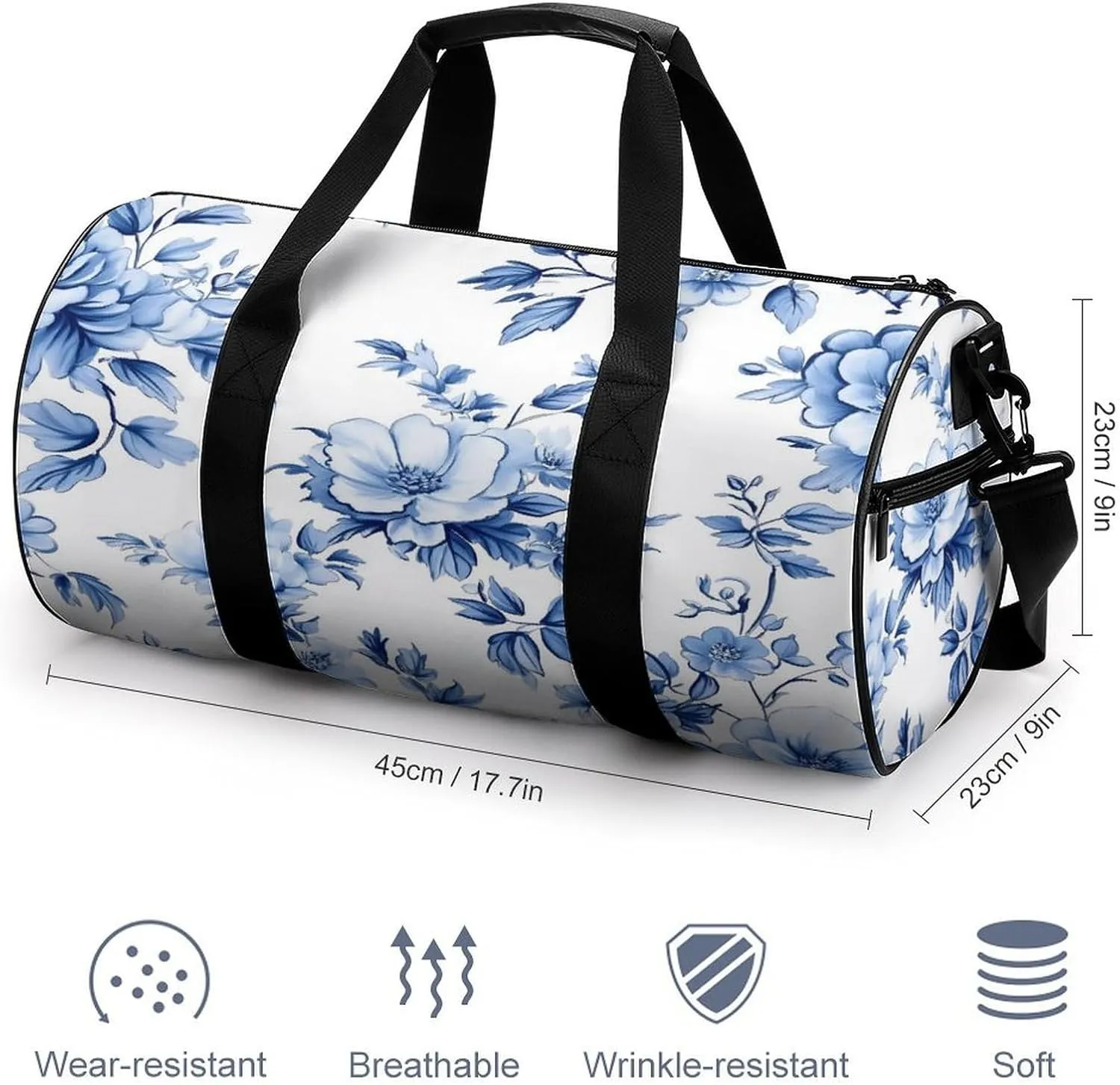 Girly Cute Coquette Blue Toile Chinoiserie Pattern Travel Gym Bag for Women Men Cylindrical Duffle Bag Sport Workout Bag with Shoulder Strap