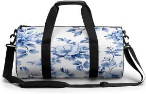Girly Cute Coquette Blue Toile Chinoiserie Pattern Travel Gym Bag for Women Men Cylindrical Duffle Bag Sport Workout Bag with Shoulder Strap