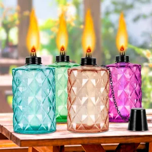 Glass Table Top Torch, Outdoor Torch Canisters 12 oz,Refill Canister with Wicks and Covers, Patio Metal Torch for Luau Party, DIY Garden Decor (4 Packs) (Multi-Color)