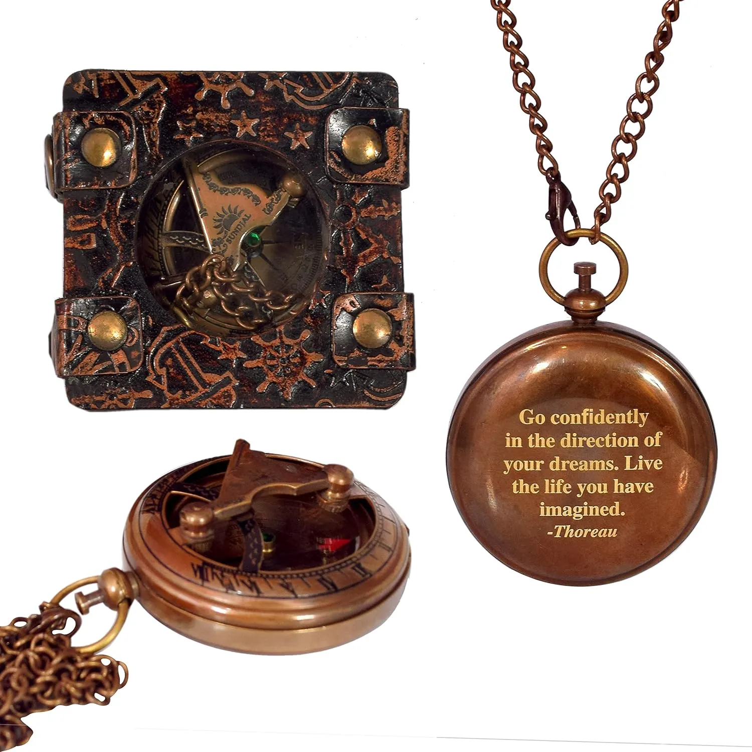 GO CONFIDENTLY Famous Quote Sundial Compass with Leather Case Nautical Antique Engraved Compass for Husband, Camping, Hiking,Travelling Birthday Gift, Graduation Gift, Wedding Anniversary, Christmas