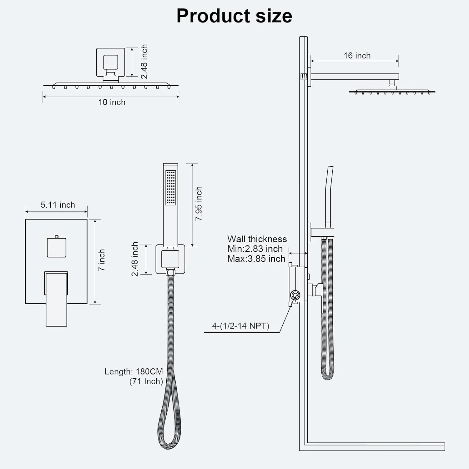Gold Shower Faucet Set, Rainfall Shower System with Rain Shower Head and Handle Set, Wall Mounted Shower Fixtures, Full Metal Trim Repair Kit 10 inch Paint Gold (With Shower Valve)