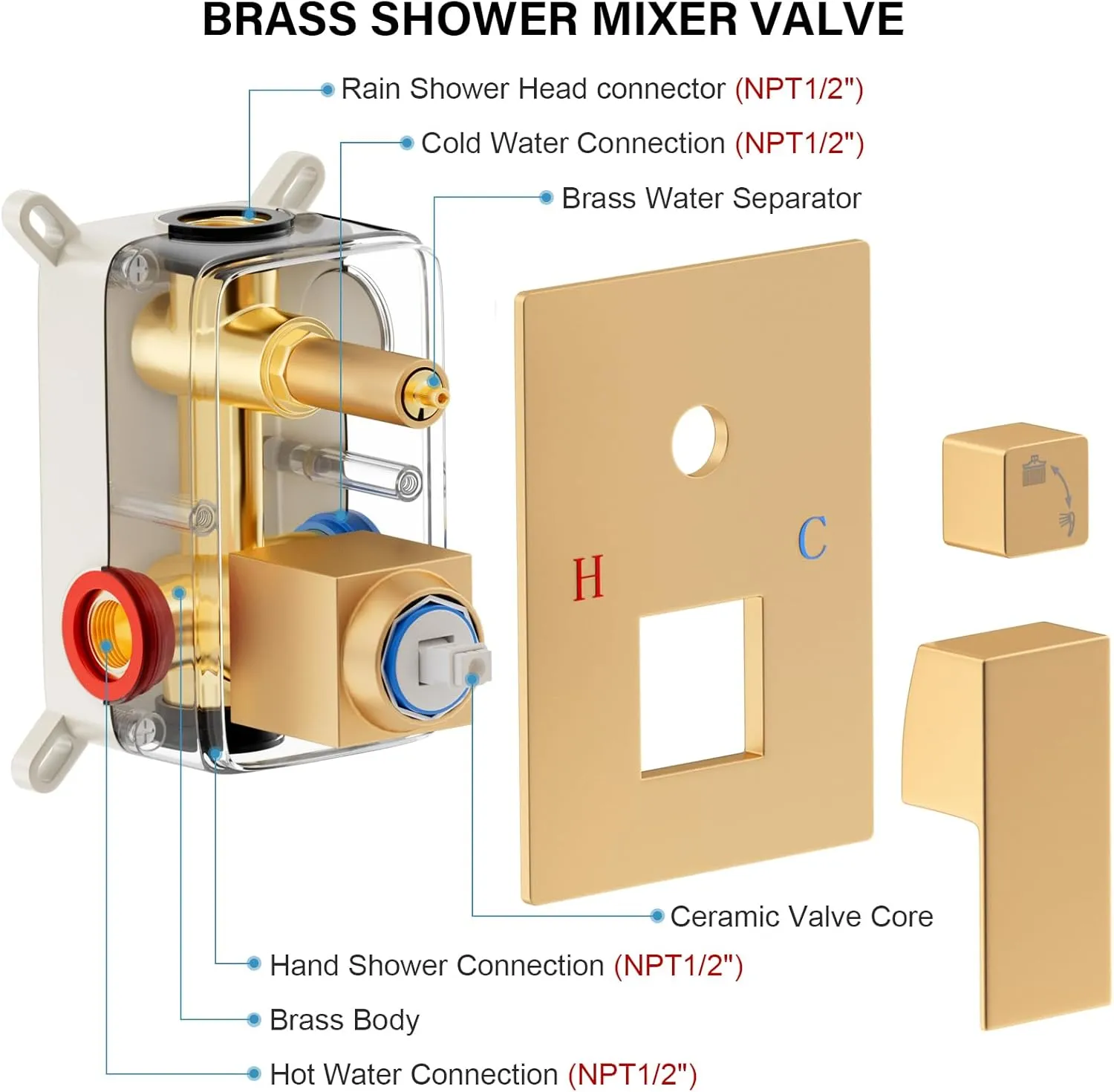 Gold Shower Faucet Set, Rainfall Shower System with Rain Shower Head and Handle Set, Wall Mounted Shower Fixtures, Full Metal Trim Repair Kit 10 inch Paint Gold (With Shower Valve)