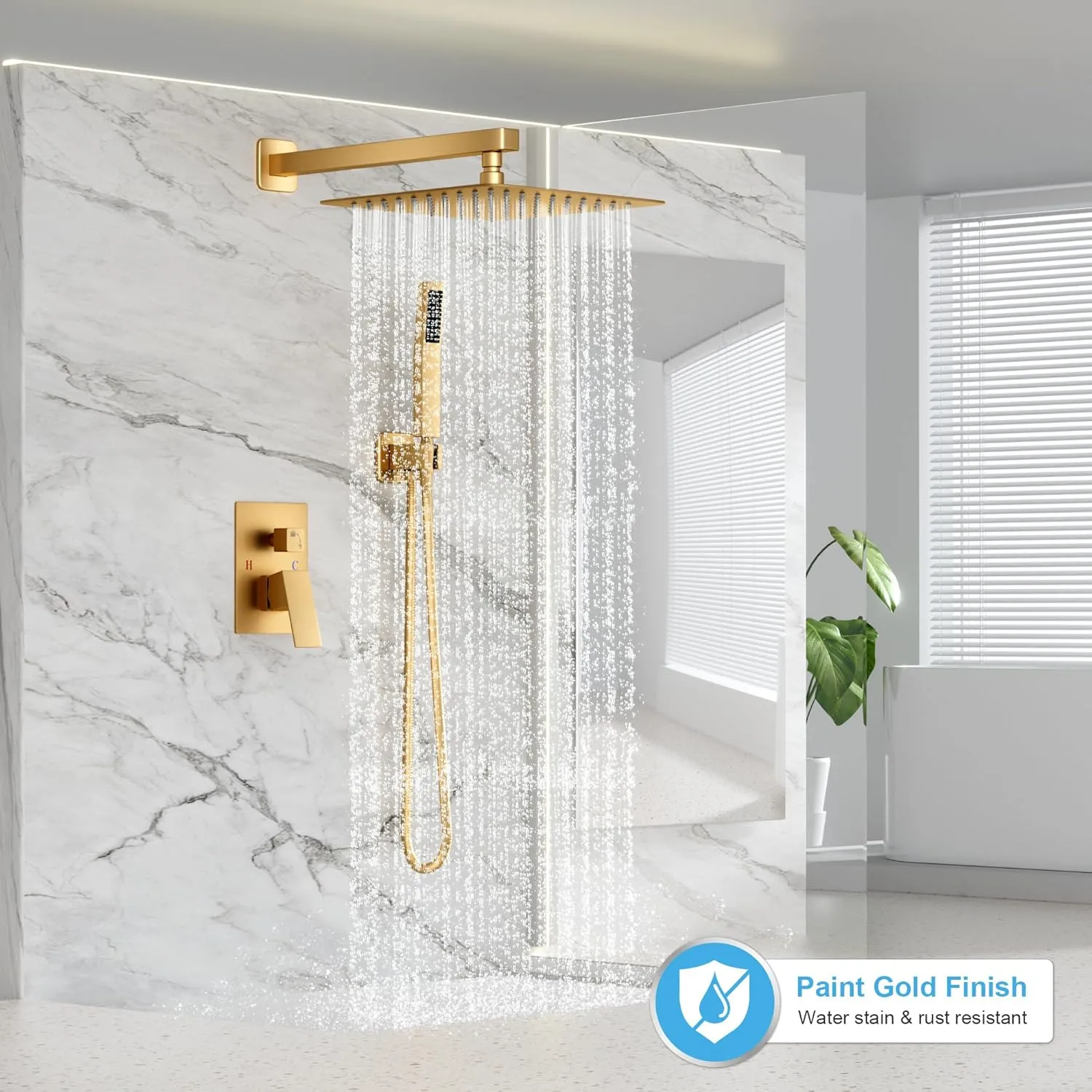 Gold Shower Faucet Set, Rainfall Shower System with Rain Shower Head and Handle Set, Wall Mounted Shower Fixtures, Full Metal Trim Repair Kit 10 inch Paint Gold (With Shower Valve)
