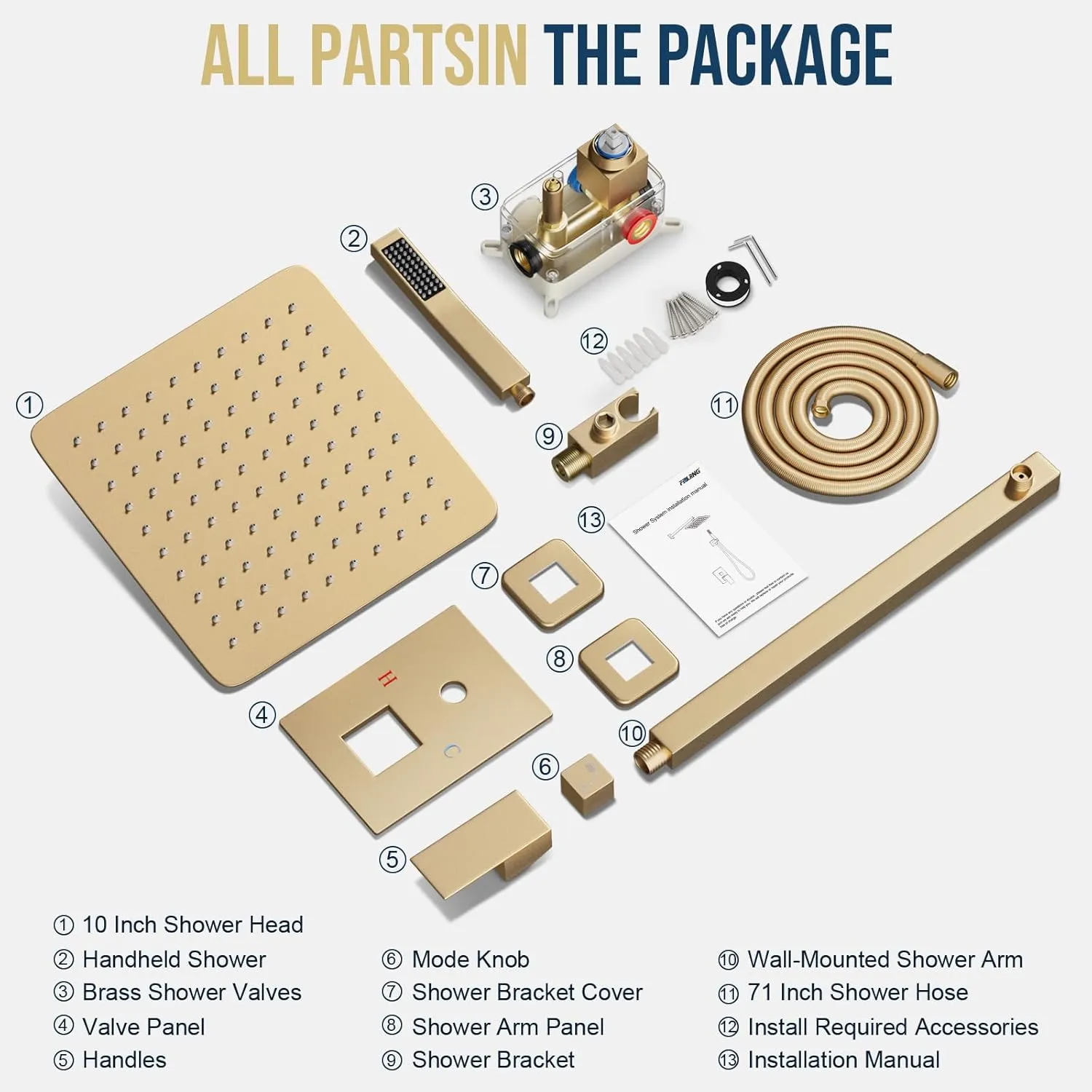 Gold Shower Faucet Set, Rainfall Shower System with Rain Shower Head and Handle Set, Wall Mounted Shower Fixtures, Full Metal Trim Repair Kit 10 inch Paint Gold (With Shower Valve)