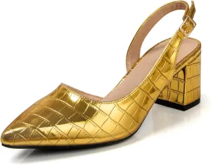 Gold Sling Back Heels for Women Closed Toe Block Pumps Women's Ankle Strap Pointed Toe D'Orsay Heels 2 Inch Low Chunky Heel Comfortable Dress Wedding Party Shoes