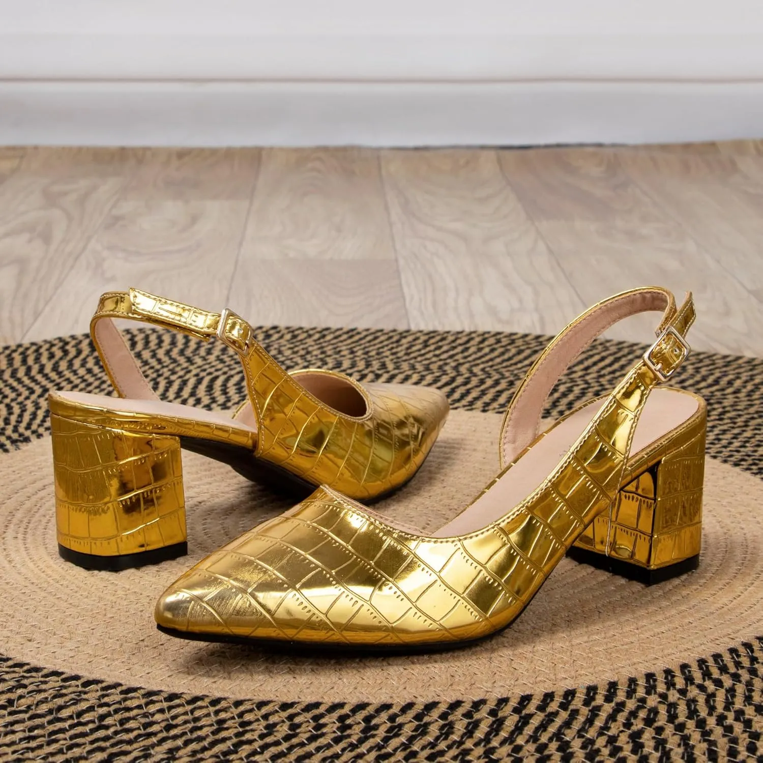 Gold Sling Back Heels for Women Closed Toe Block Pumps Women's Ankle Strap Pointed Toe D'Orsay Heels 2 Inch Low Chunky Heel Comfortable Dress Wedding Party Shoes