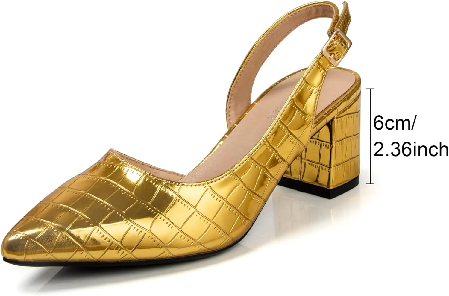 Gold Sling Back Heels for Women Closed Toe Block Pumps Women's Ankle Strap Pointed Toe D'Orsay Heels 2 Inch Low Chunky Heel Comfortable Dress Wedding Party Shoes