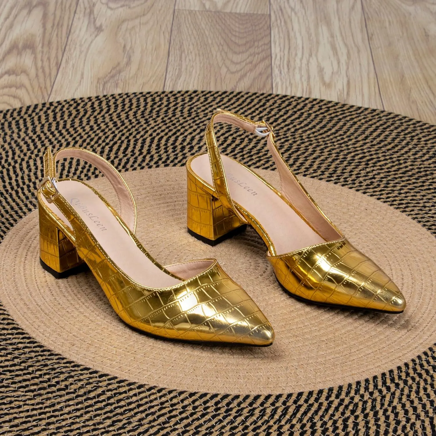Gold Sling Back Heels for Women Closed Toe Block Pumps Women's Ankle Strap Pointed Toe D'Orsay Heels 2 Inch Low Chunky Heel Comfortable Dress Wedding Party Shoes