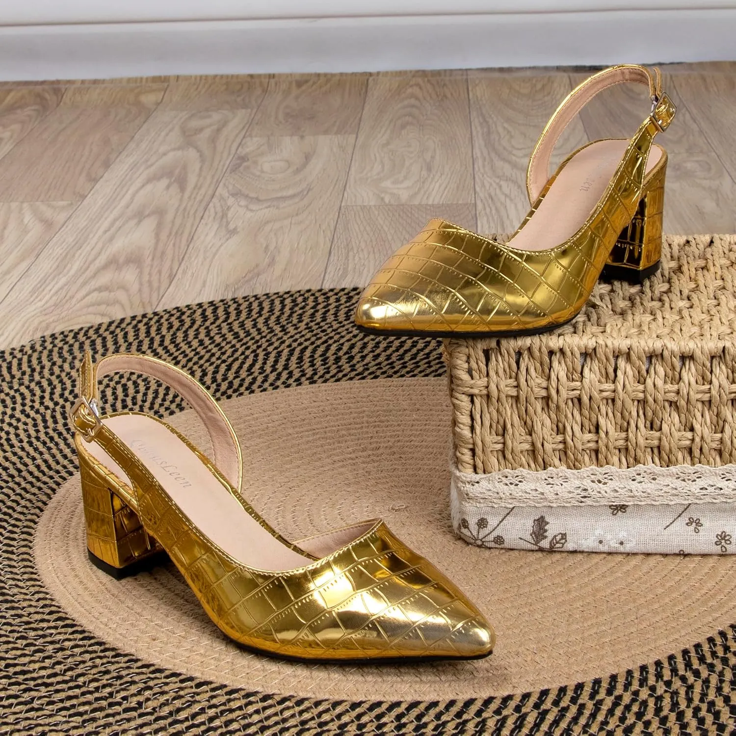 Gold Sling Back Heels for Women Closed Toe Block Pumps Women's Ankle Strap Pointed Toe D'Orsay Heels 2 Inch Low Chunky Heel Comfortable Dress Wedding Party Shoes