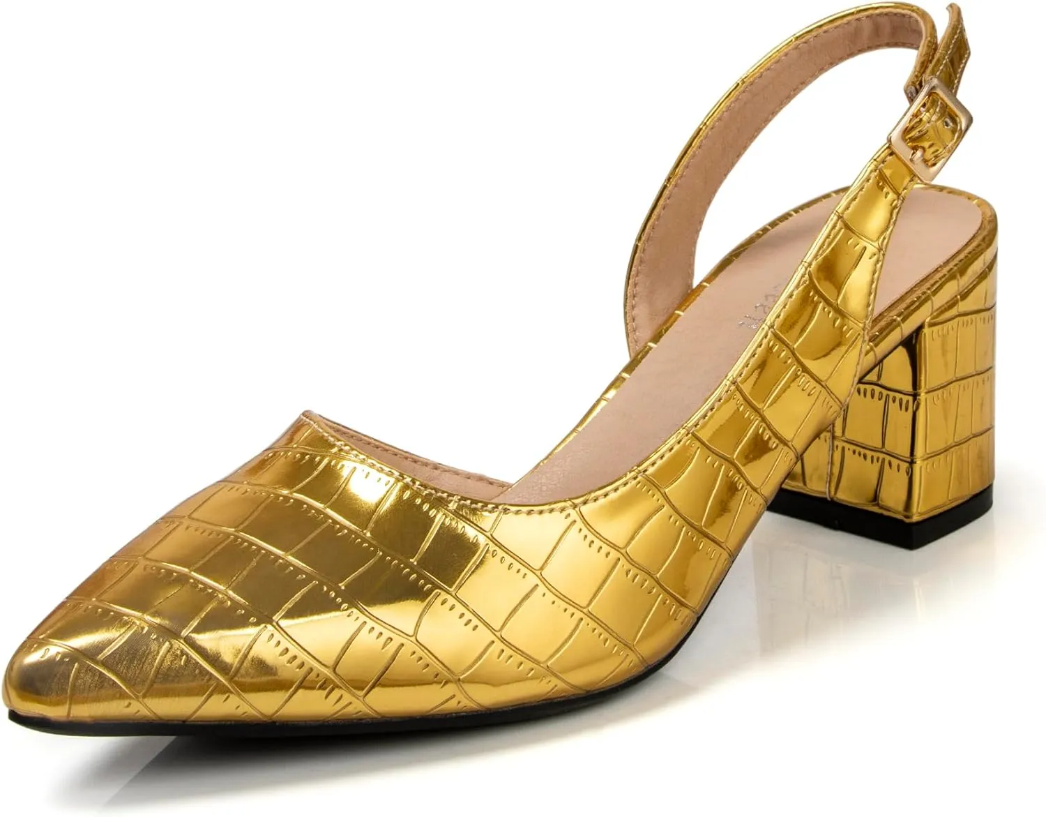 Gold Sling Back Heels for Women Closed Toe Block Pumps Women's Ankle Strap Pointed Toe D'Orsay Heels 2 Inch Low Chunky Heel Comfortable Dress Wedding Party Shoes