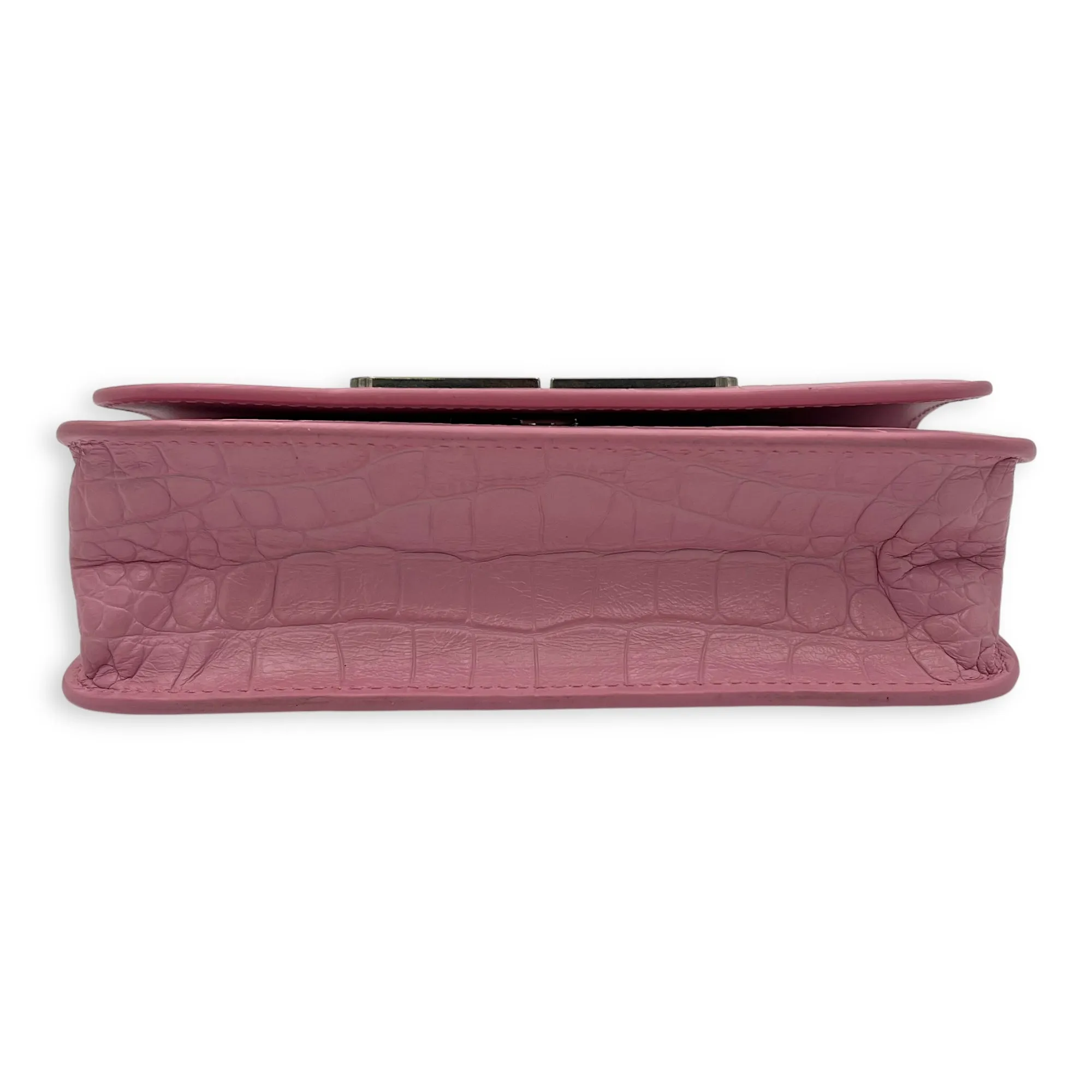 Gossip Wallet On Chain Pink in Crocodile Embossed Calfskin, Silver hardware