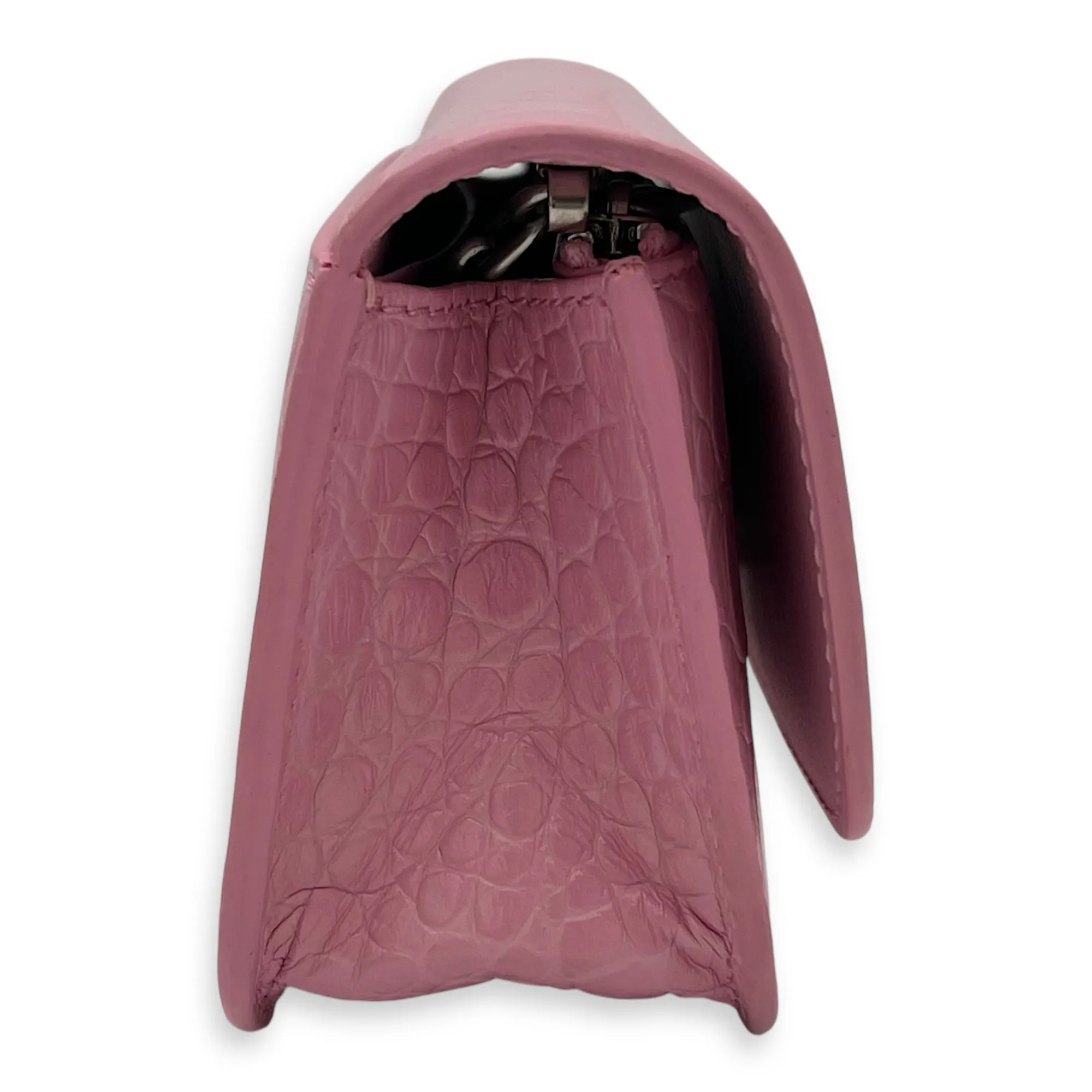 Gossip Wallet On Chain Pink in Crocodile Embossed Calfskin, Silver hardware
