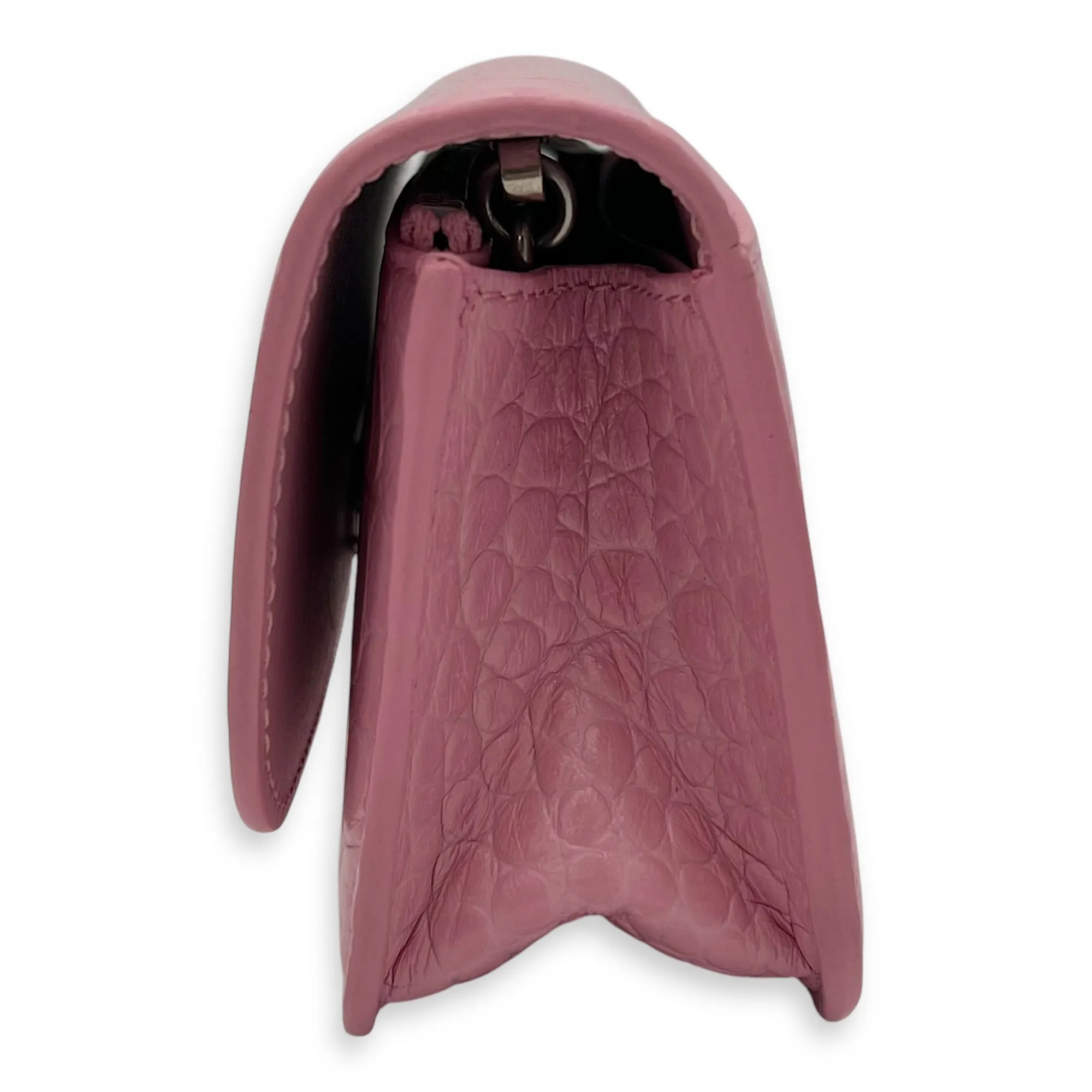 Gossip Wallet On Chain Pink in Crocodile Embossed Calfskin, Silver hardware