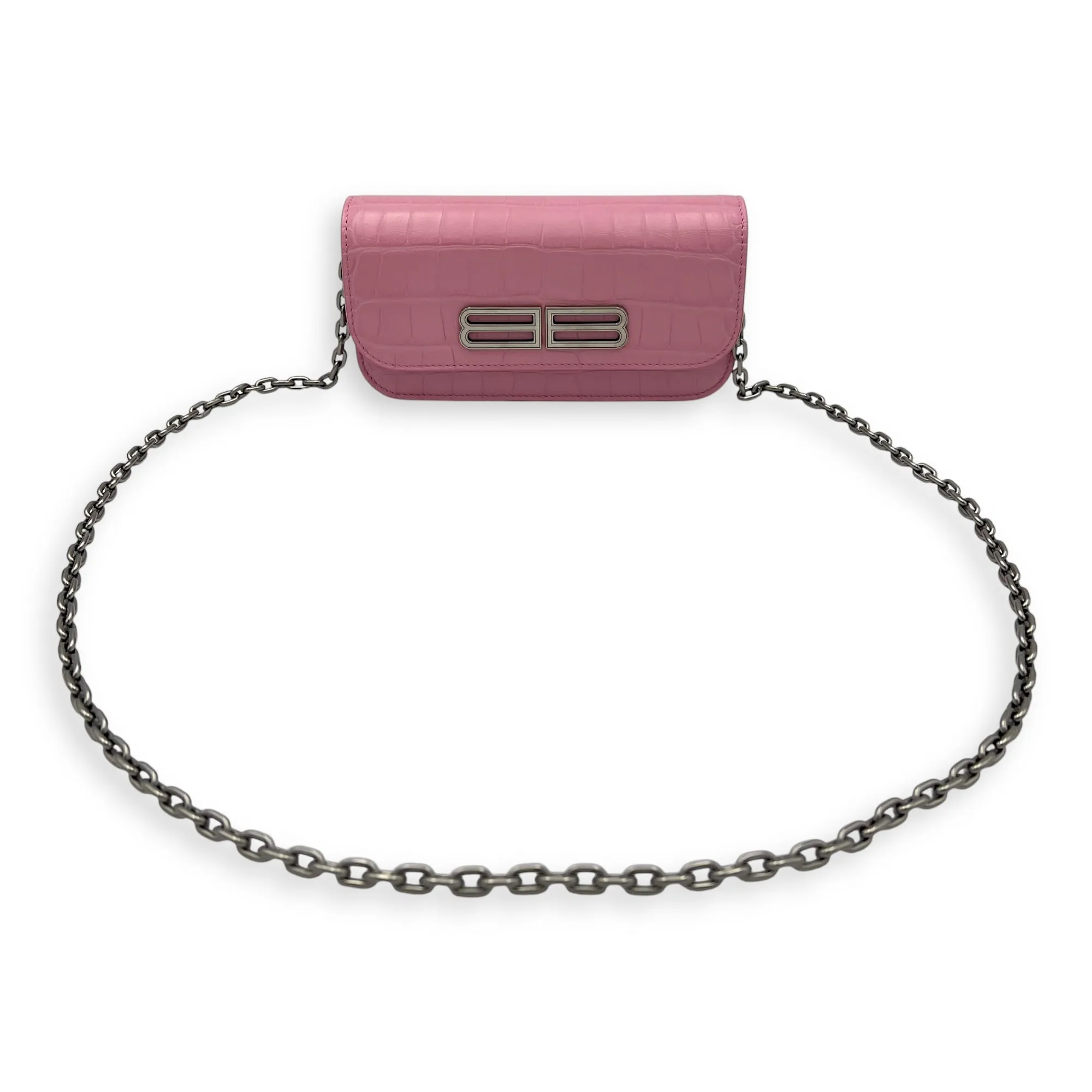 Gossip Wallet On Chain Pink in Crocodile Embossed Calfskin, Silver hardware